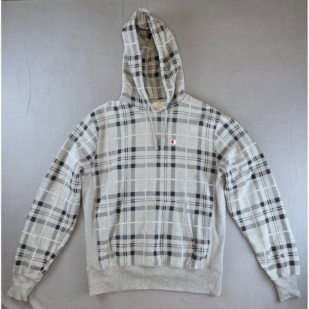 Champion Reverse Weave Hoodie Mens Large Gray Black Plaid Heavyweight Pullover